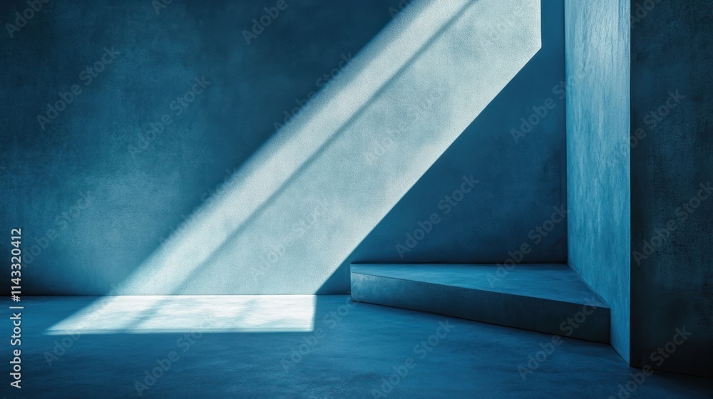 A minimalist blue interior with a beam of light illuminating a corner. A minimalist blue interior with a beam of light illuminating a corner.