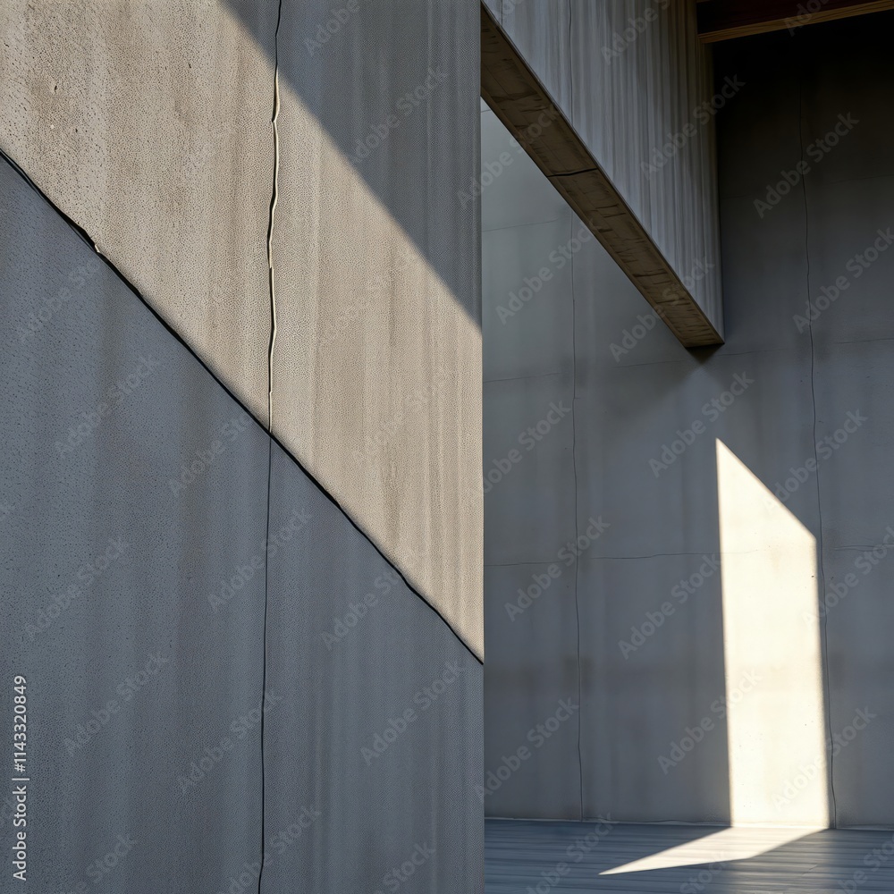 Fototapeta premium concrete architecture, geometric shadows, minimalist design, angular forms, sunlight and shadow play, brutalist aesthetic, textured walls, clean lines, monochromatic palette, abstract composition, arc