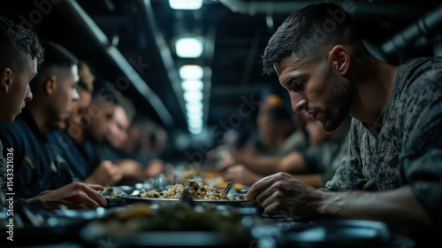 A group of service members gathered around a long table, sharing a meal in a low-lit military mess hall, depicting camaraderie and togetherness amidst challenging times.