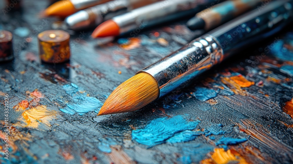 A close-up of paintbrushes and vibrant paint on a textured surface, showcasing artistic tools. A close-up of paintbrushes and vibrant paint on a textured surface, showcasing artistic tools.