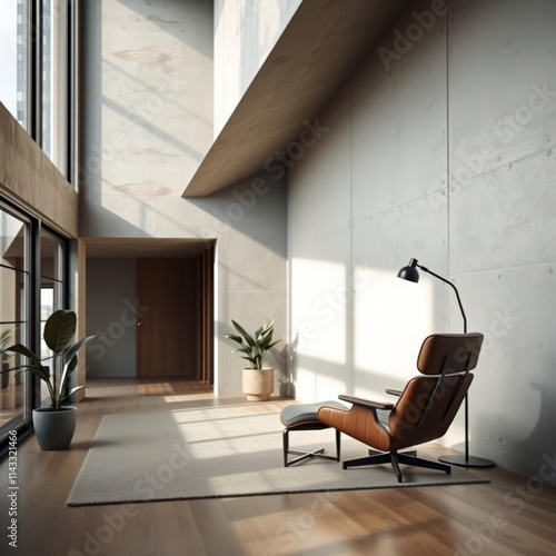 Minimalist interior design, spacious living room, large windows, natural light, concrete walls, wooden accents, mid-century modern armchair, leather upholstery, potted plant, black floor lamp, geometr photo