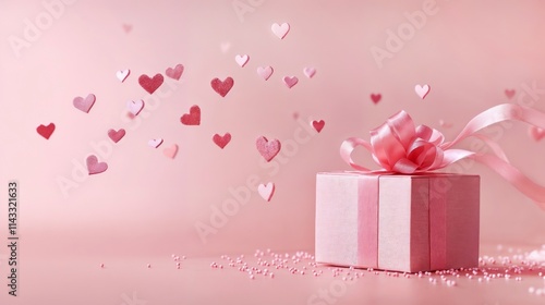 Pink gift box with ribbons on light pink background with shiny hearts floating around. Greeting or advertising card design with copy space