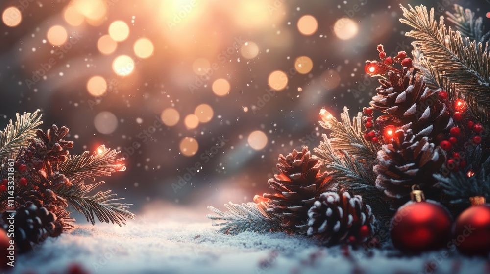Christmas background with red baubles, pine cones and bokeh. Beautiful christmas card. Christmas background with red baubles, pine cones and bokeh. Beautiful christmas card.