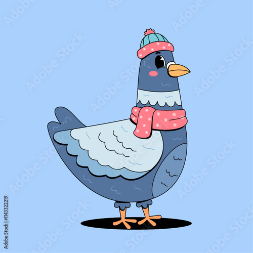Cute pigeon wearing winter scarf and hat