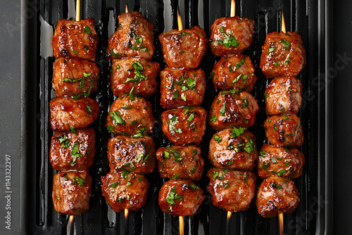 Savory skewer delights grilling under the warm evening sun, seasoned to perfection with herbs and spices, ready to be enjoyed at a lively outdoor gathering photo