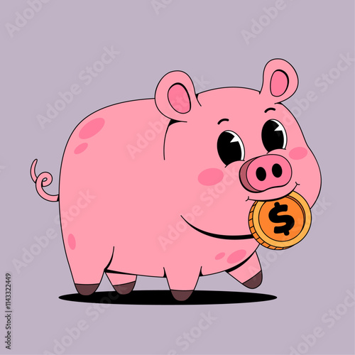 Cute pig bitting dollar coin