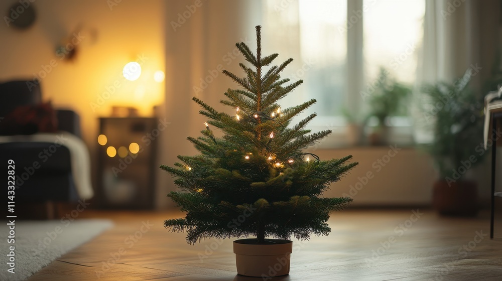 Fototapeta premium Undecorated Natural Christmas Tree in Warmly Lit Living Room Dreamy Background.