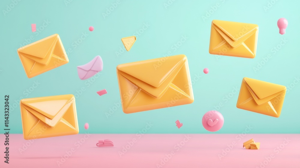 1.A vibrant set of 3D yellow envelopes, each with different expressions of mail and message concepts, including an open envelope revealing a document, a closed envelope ready to be sent, and a 1.A vibrant set of 3D yellow envelopes, each with different expressions of mail and message concepts, including an open envelope revealing a document, a closed envelope ready to be sent, and a