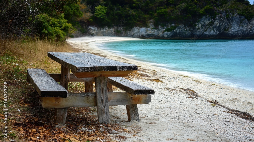 A wooden table sits on the edge of a sandy beach, perfect for outdoor gatherings or a unique picnic spot A wooden table sits on the edge of a sandy beach, perfect for outdoor gatherings or a unique picnic spot
