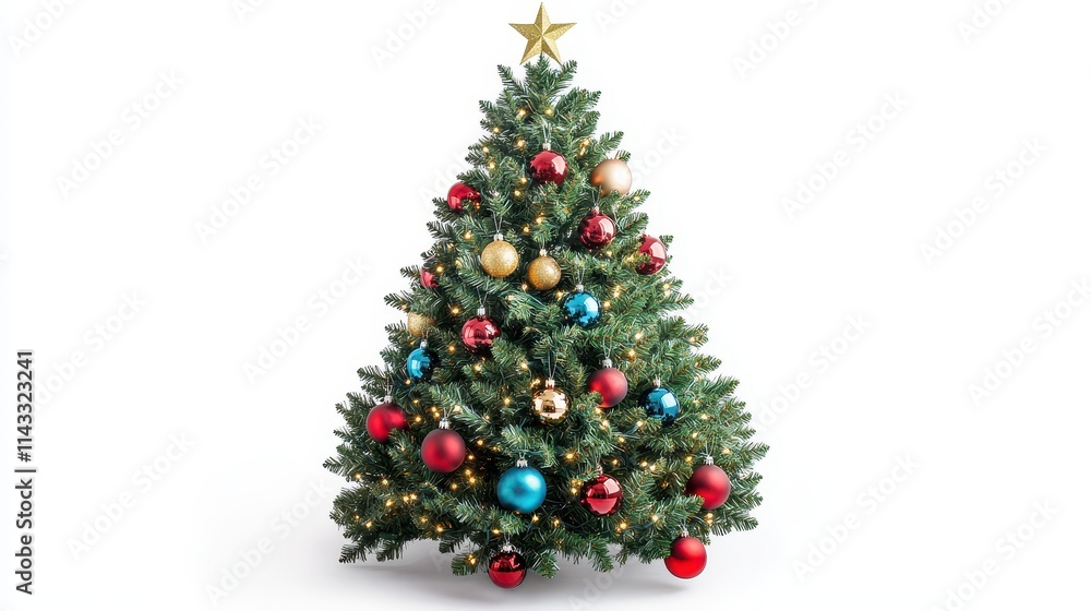 Isolated on a white background, this festive Christmas tree showcases vibrant ornaments, sparkling lights, and a radiant star. Isolated on a white background, this festive Christmas tree showcases vibrant ornaments, sparkling lights, and a radiant star.