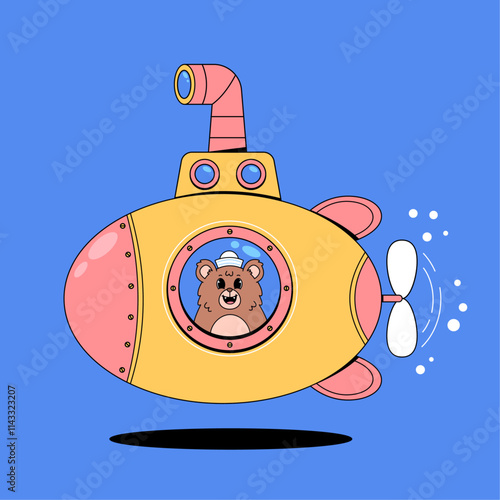 Cute bear riding yellow submarine