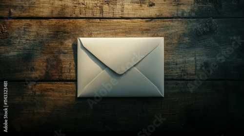 9.A solitary white envelope with sharp, clean lines resting on an authentic, textured wooden surface, showing subtle light reflections on the envelope, providing a vintage feel suitable for messages,