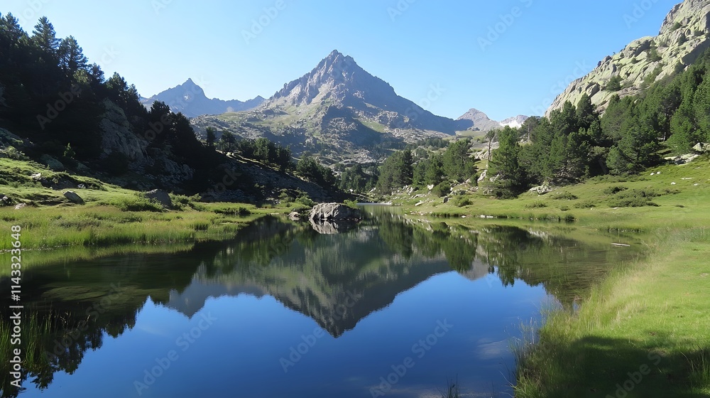 A tranquil mountain lake reflecting the surrounding peaks and forest, inviting a sense of serenity A tranquil mountain lake reflecting the surrounding peaks and forest, inviting a sense of serenity