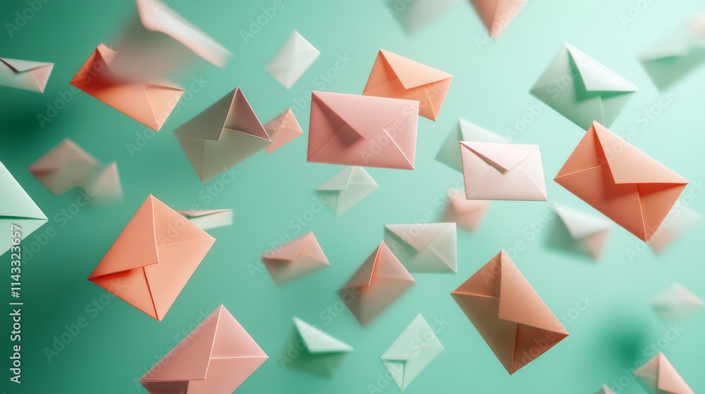 13.A cascade of three-dimensional envelopes in various pastel shades, set against a gentle green background, with a soft shadow effect and light reflections, giving the impression of floating letters 13.A cascade of three-dimensional envelopes in various pastel shades, set against a gentle green background, with a soft shadow effect and light reflections, giving the impression of floating letters