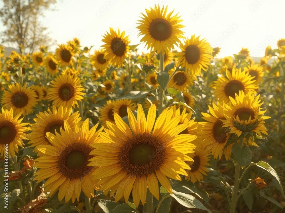 Fototapeta premium Sunflowers in a field, autumn leaves scattered around, warm sunlight, image, bloom