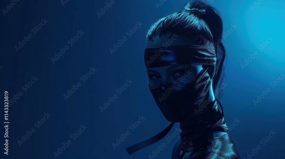 Cyberpunk futuristic mysterious female ninja posing on dark blue background, AI generated image Cyberpunk futuristic mysterious female ninja posing on dark blue background, AI generated image