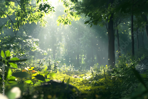 lush forest sunlight shining through leaves underbrush daytime detailed dynamic lighting 4k high definition