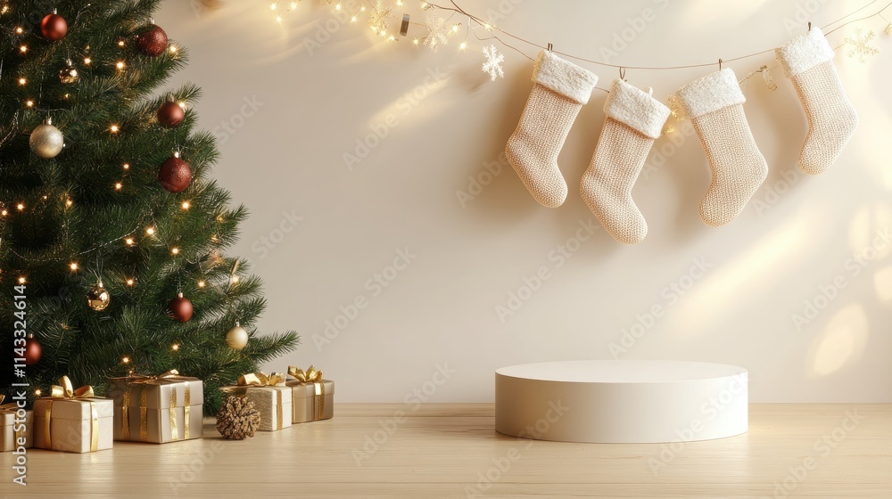 custom made wallpaper toronto digitalBlank podium, Christmas stockings hanging nearby, 3D illustration v2