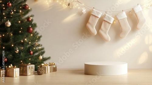 Wallpaper Mural Blank podium, Christmas stockings hanging nearby, 3D illustration v2 Torontodigital.ca