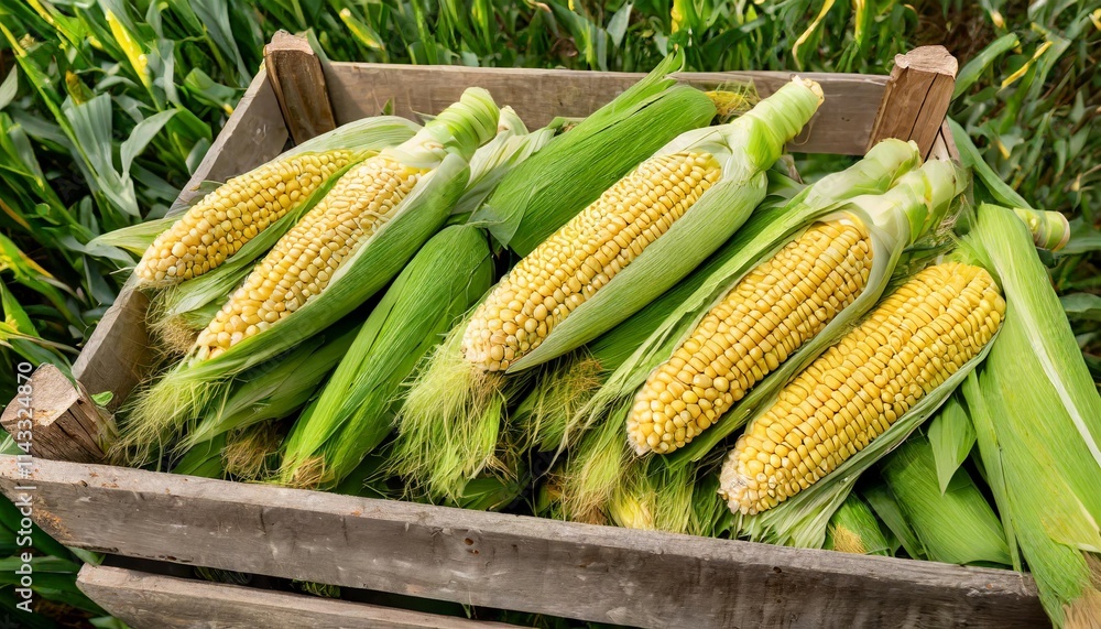 Fresh Corn Cobs with Green Husks Arranged in a Wooden Crate in a Farm Setting Fresh Corn Cobs with Green Husks Arranged in a Wooden Crate in a Farm Setting