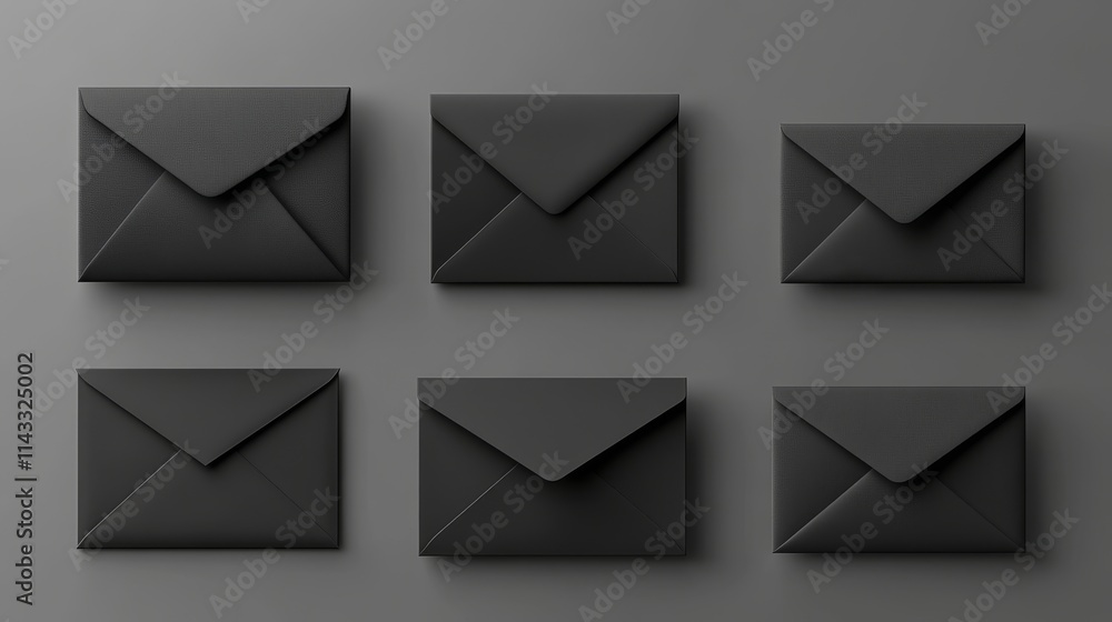 54.A collection of black envelopes in a realistic style, displayed in folded and unfolded states, with detailed textures and soft shadows, creating a polished, elegant visual ideal for professional 54.A collection of black envelopes in a realistic style, displayed in folded and unfolded states, with detailed textures and soft shadows, creating a polished, elegant visual ideal for professional