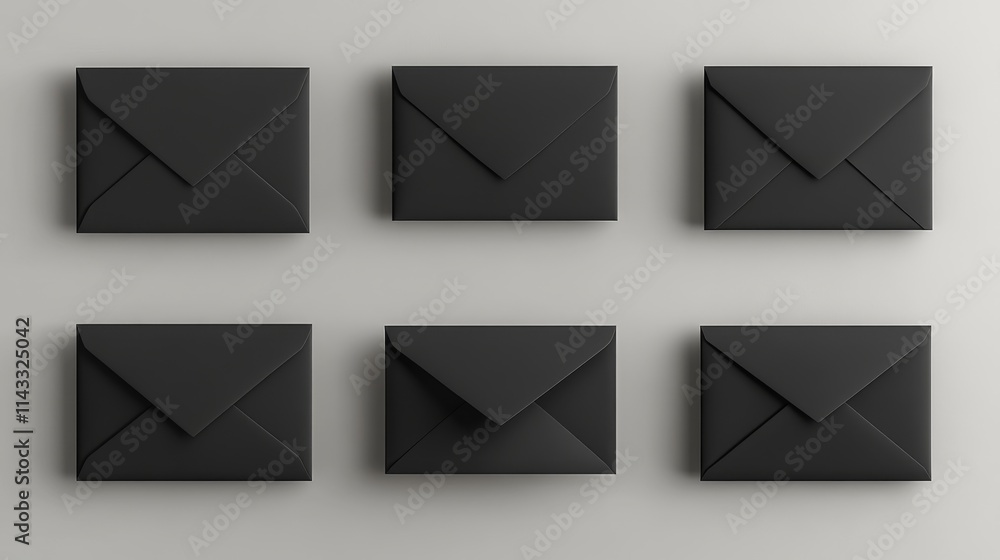 55.High-quality mockups of black envelopes in assorted orientations, with smooth, glossy textures and slight shadows on a neutral backdrop, offering an elegant, refined look with options for both 55.High-quality mockups of black envelopes in assorted orientations, with smooth, glossy textures and slight shadows on a neutral backdrop, offering an elegant, refined look with options for both