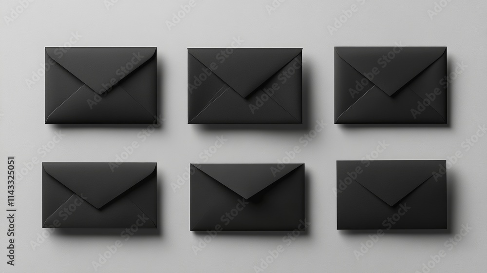 55.High-quality mockups of black envelopes in assorted orientations, with smooth, glossy textures and slight shadows on a neutral backdrop, offering an elegant, refined look with options for both 55.High-quality mockups of black envelopes in assorted orientations, with smooth, glossy textures and slight shadows on a neutral backdrop, offering an elegant, refined look with options for both