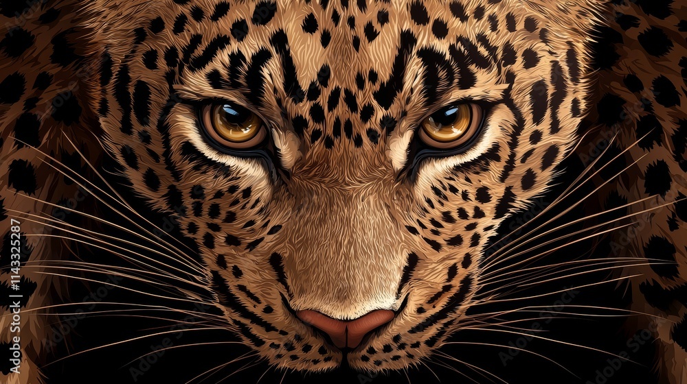 Naklejka premium leopard face close-up, danger concept, sharp eyes and whiskers, digital illustration, dark background, isolated on white background