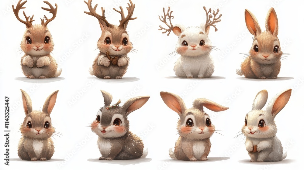Fototapeta premium Set of six cute cartoon bunnies with antlers in different poses and expressions on white background