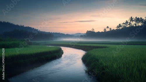 Misty River at Sunrise Rice Paddy Field