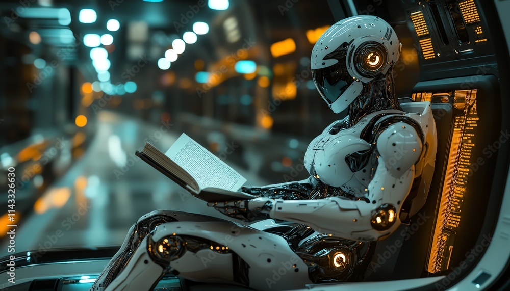 Fototapeta premium A futuristic robot reading a book inside a sleek selfdriving vehicle