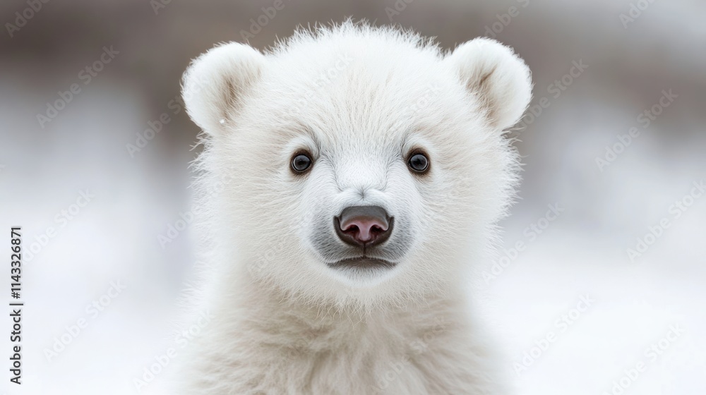 Adorable polar bear cub portrait in snowy habitat. Adorable polar bear cub portrait in snowy habitat.