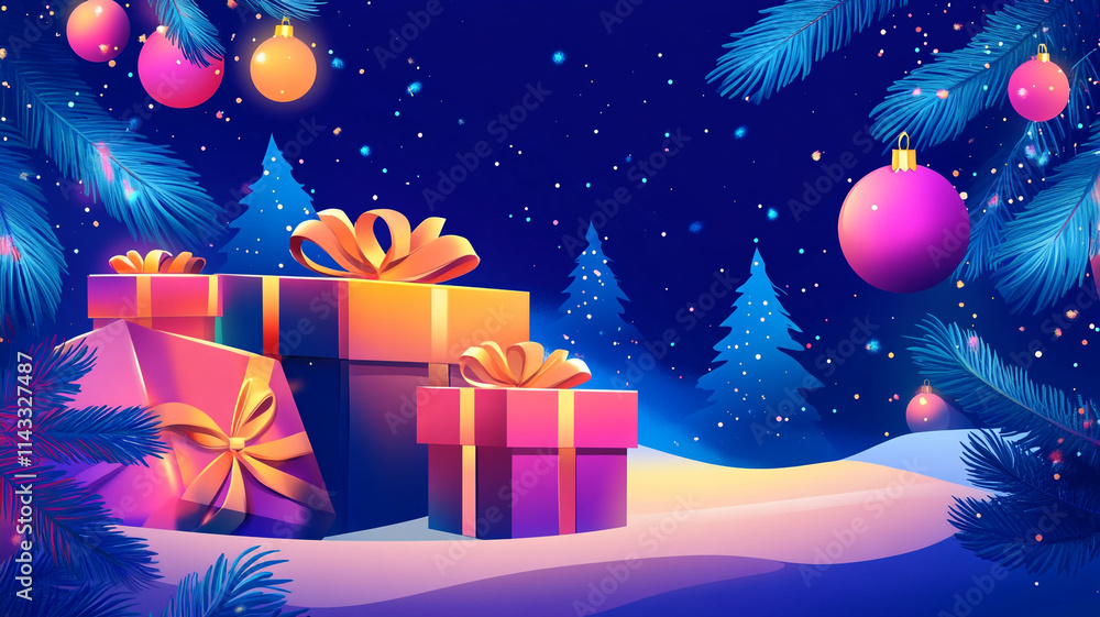 Colorful Christmas gifts under a starry night with snow and pine trees Colorful Christmas gifts under a starry night with snow and pine trees