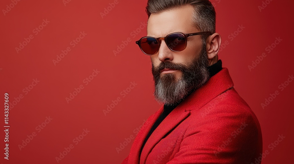 Obraz premium Stylish bearded man in a red jacket and sunglasses posing confidently.