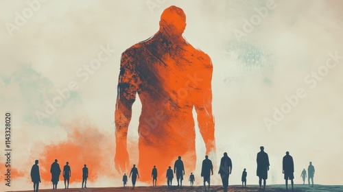 Illustration of gigantism featuring oversized human figures set in a stylized environment against a white background.