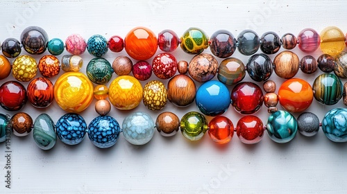 Colorful glass and wooden beads displayed in an artistic arrangement on a white background, ideal for crafting projects.