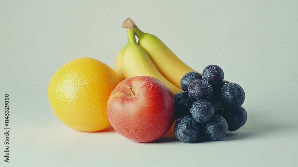 Fresh assortment of fruits including bananas, apple, lemon, and grapes on a light background Fresh assortment of fruits including bananas, apple, lemon, and grapes on a light background