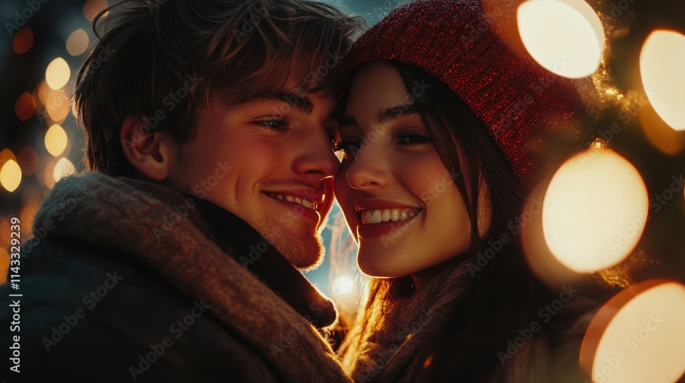 Closeup photo of cute couple spending holly Christmas eve in decorated garland lights house near Chrismas tree outdoors Closeup photo of cute couple spending holly Christmas eve in decorated garland lights house near Chrismas tree outdoors
