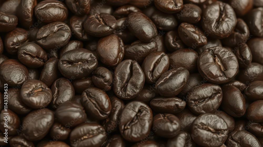 Fototapeta premium Close-up of dark roasted coffee beans, oily sheen, rough surface, close-up, macro, ingredient