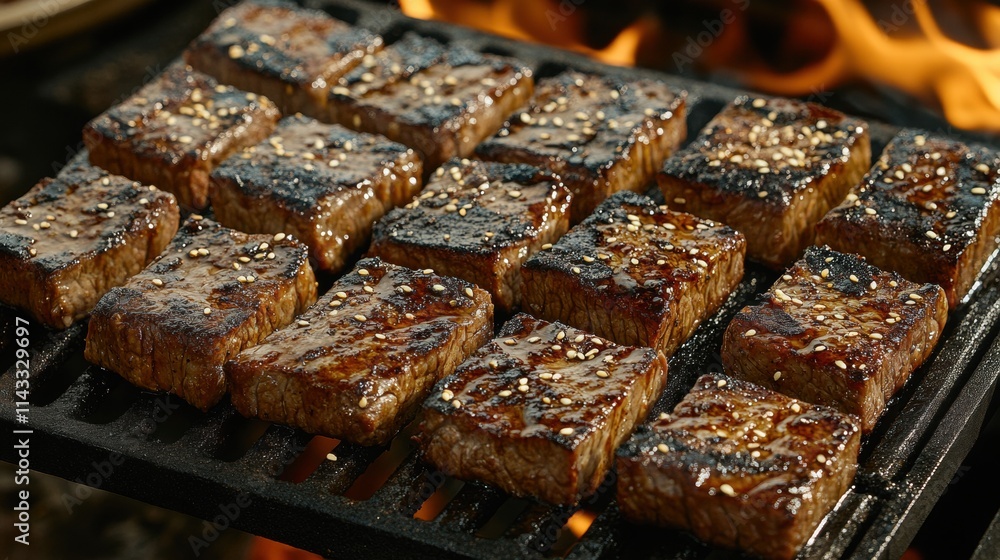 Grilled Meat Steaks with Sizzling Flames Background in BBQ Style Grilled Meat Steaks with Sizzling Flames Background in BBQ Style