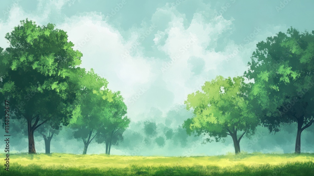 Fototapeta premium A serene landscape depicting trees and a misty sky, evoking tranquility and nature's beauty.