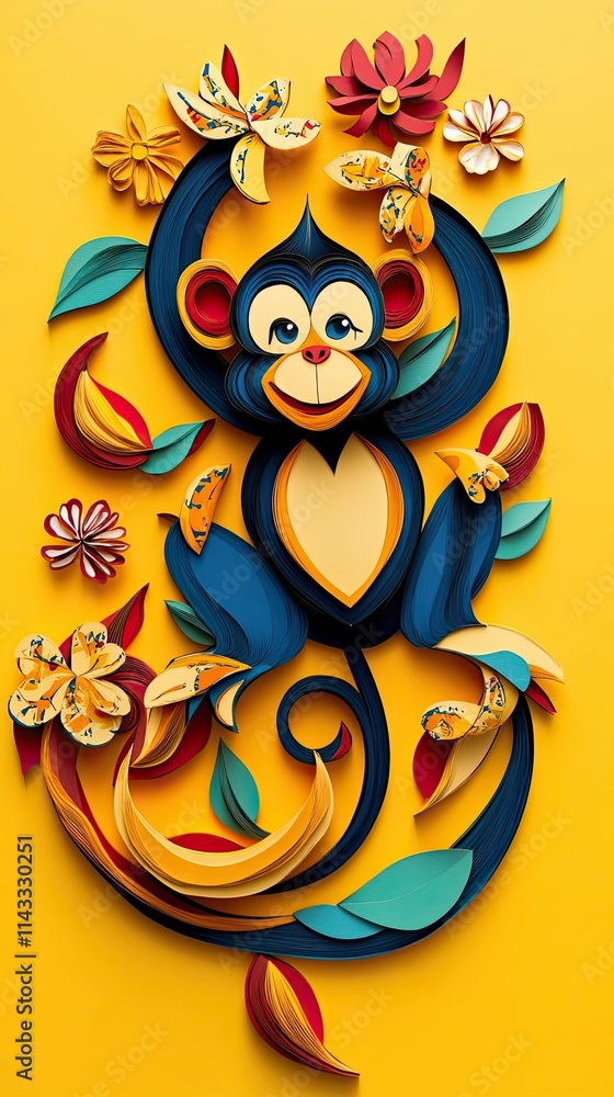 Naklejka premium A cheerful blue monkey amidst vibrant paper flowers and leaves
