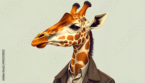 Giraffe in clothes. Man with a head of an giraffe. Concept graphic in vintage style with soft oil painting style, vintage, with white tones photo