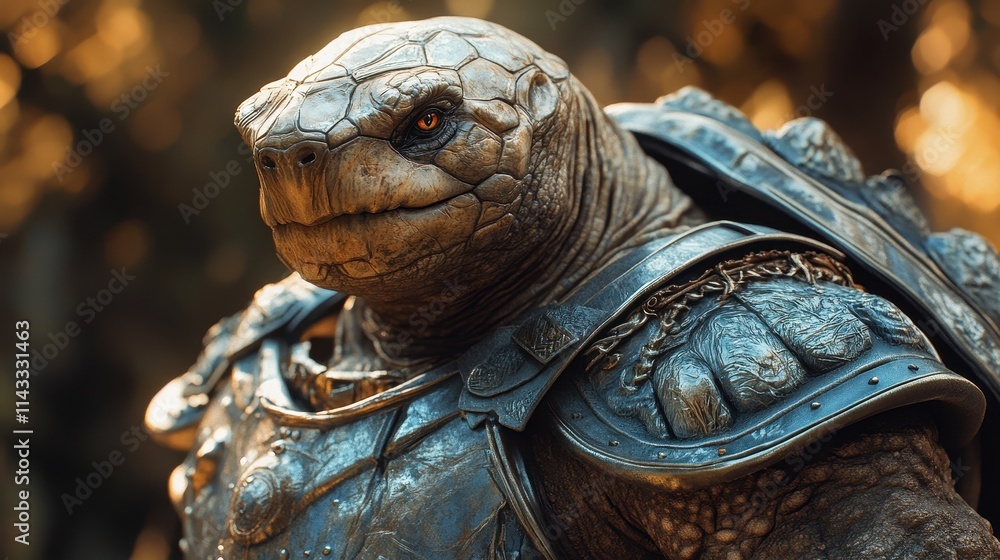 Naklejka premium Powerful tortoise warrior wearing full body armor, standing guard and ready for battle