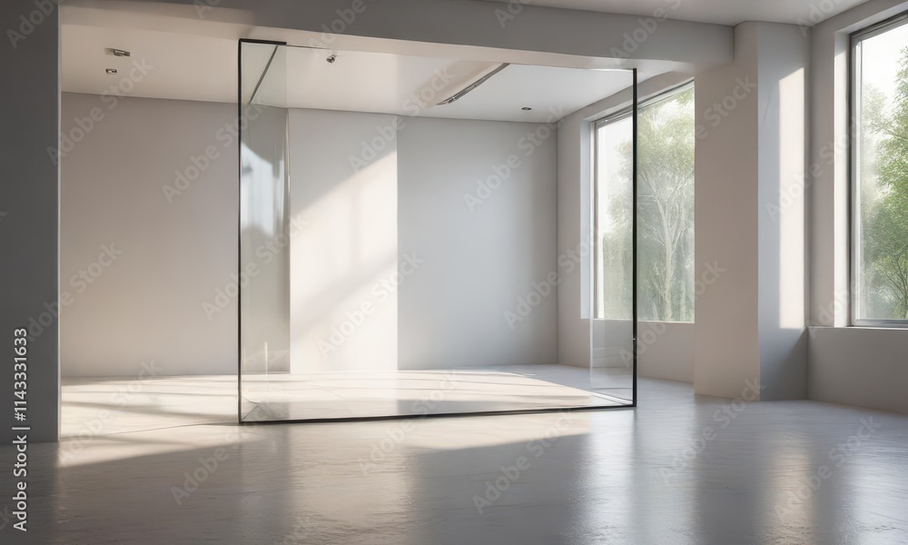Glass rectangle in minimalist room with natural light, light, natural, background Glass rectangle in minimalist room with natural light, light, natural, background