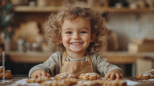 Happy child with chrismas holiday homemade cookie. Adorable curly hair smiling boy girl. Baking.