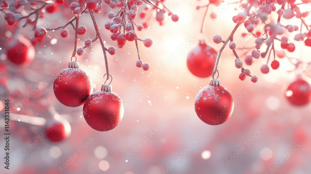 Fototapeta premium merry chrismas banner with twigs beautiful red balls and beautiful background , ai