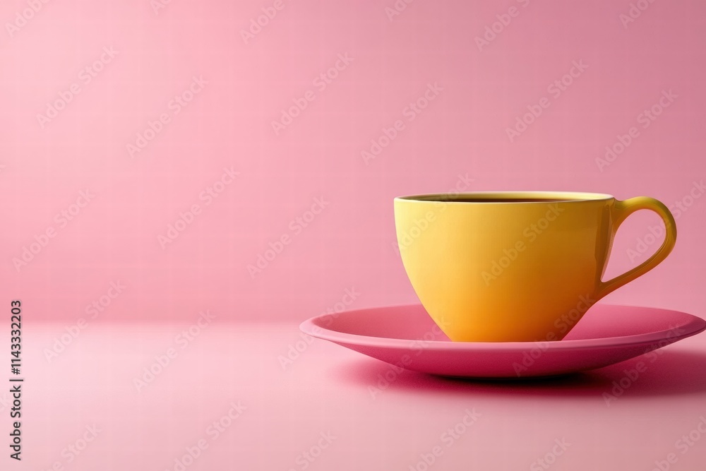 Bright Yellow Coffee Cup on Pink Background with Clean Minimalist Style Bright Yellow Coffee Cup on Pink Background with Clean Minimalist Style
