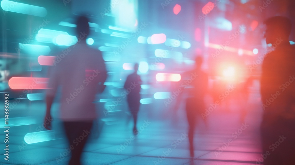 Blurry figures walking in vibrant neon-lit city. Blurry figures walking in vibrant neon-lit city.