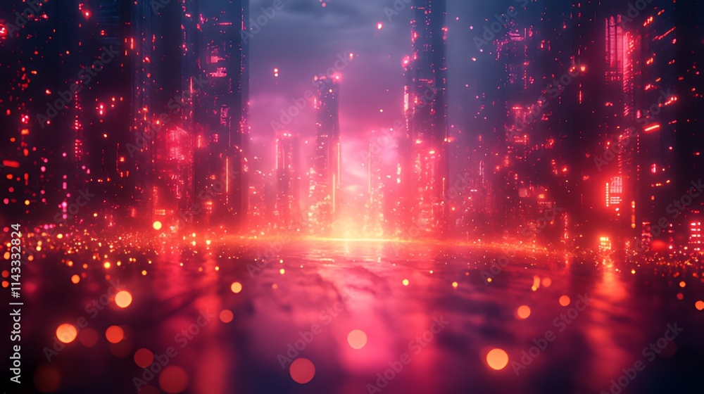 Futuristic city at night with glowing red lights reflecting on wet ground. Futuristic city at night with glowing red lights reflecting on wet ground.